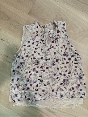 Rebecca Taylor Sleeveless Floral Ruffle-Neck Top - Cream with Purple Floral